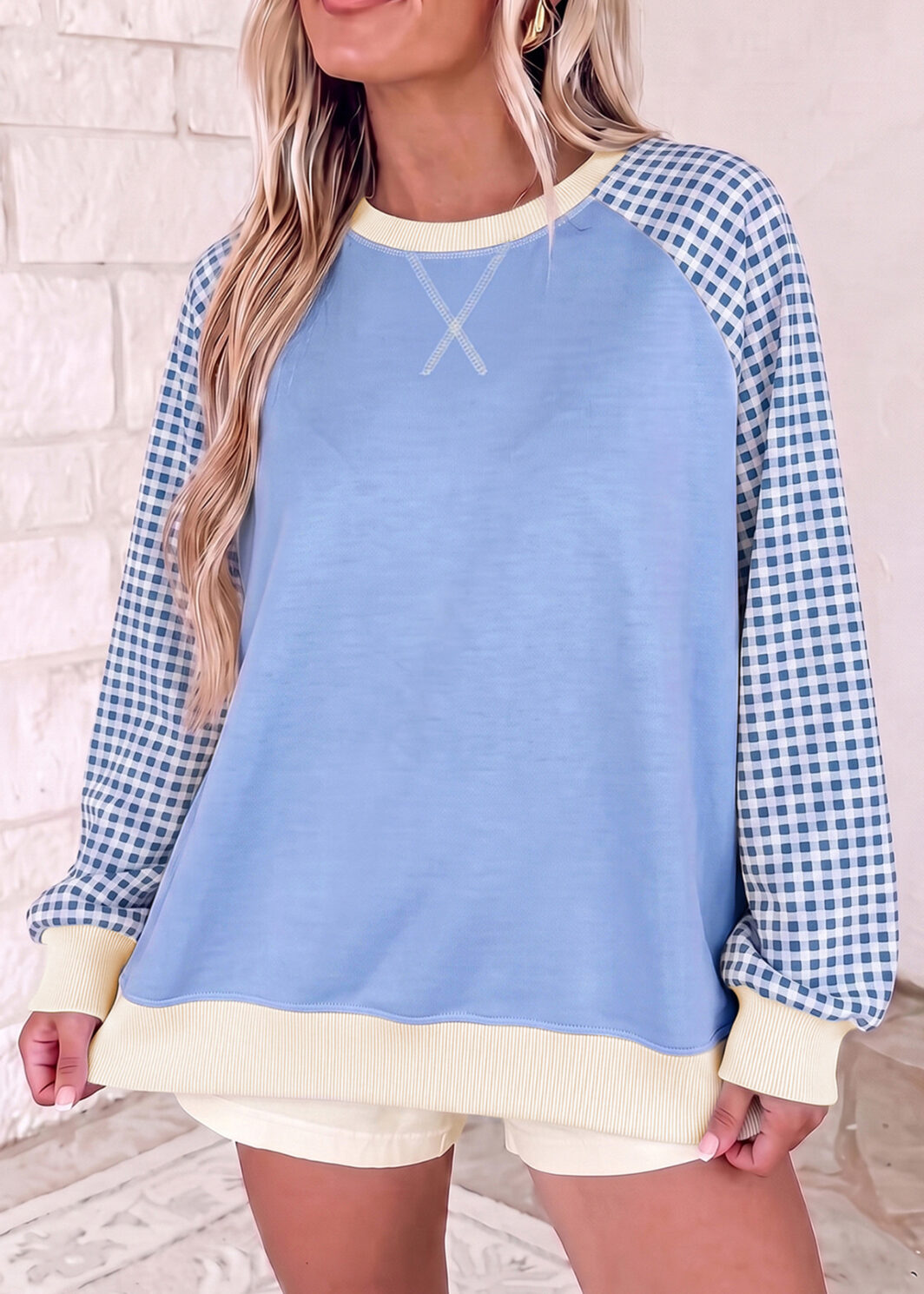 Light Blue Plaid Sleeve Colorblock Raglan Pullover Sweatshirt