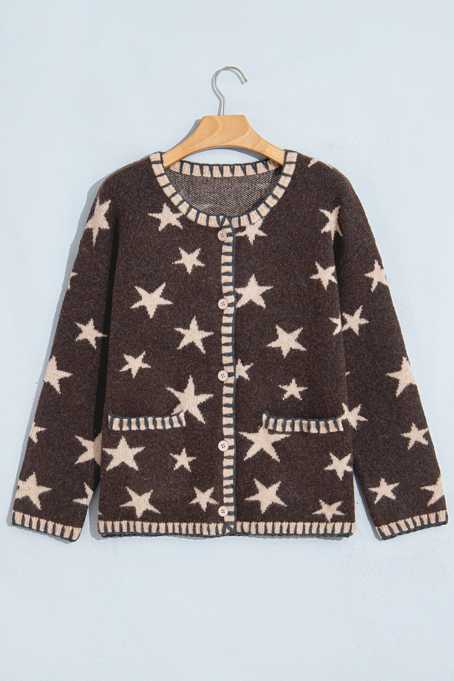 Brown Stars Pattern Colorblock Long Sleeve Shift Cardigan