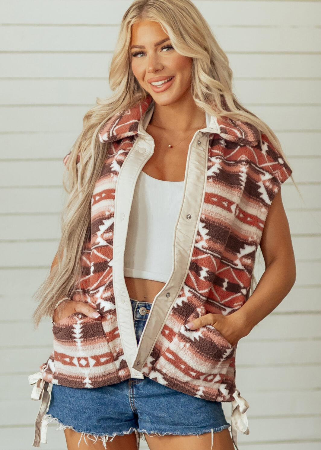 Multicolour Geometric Print Fleece Metal Button Placket Shift Silhouette Vest