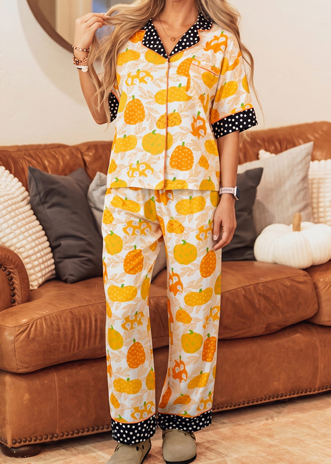 Orange Short Sleeve Pumpkin Print Polka Dot Trim Pocket Pocket Placket Home Wear Lounge Set