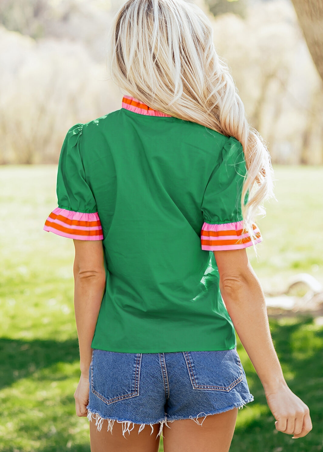 Green Striped Frilled Collar Ruffled Short Sleeve Blouse