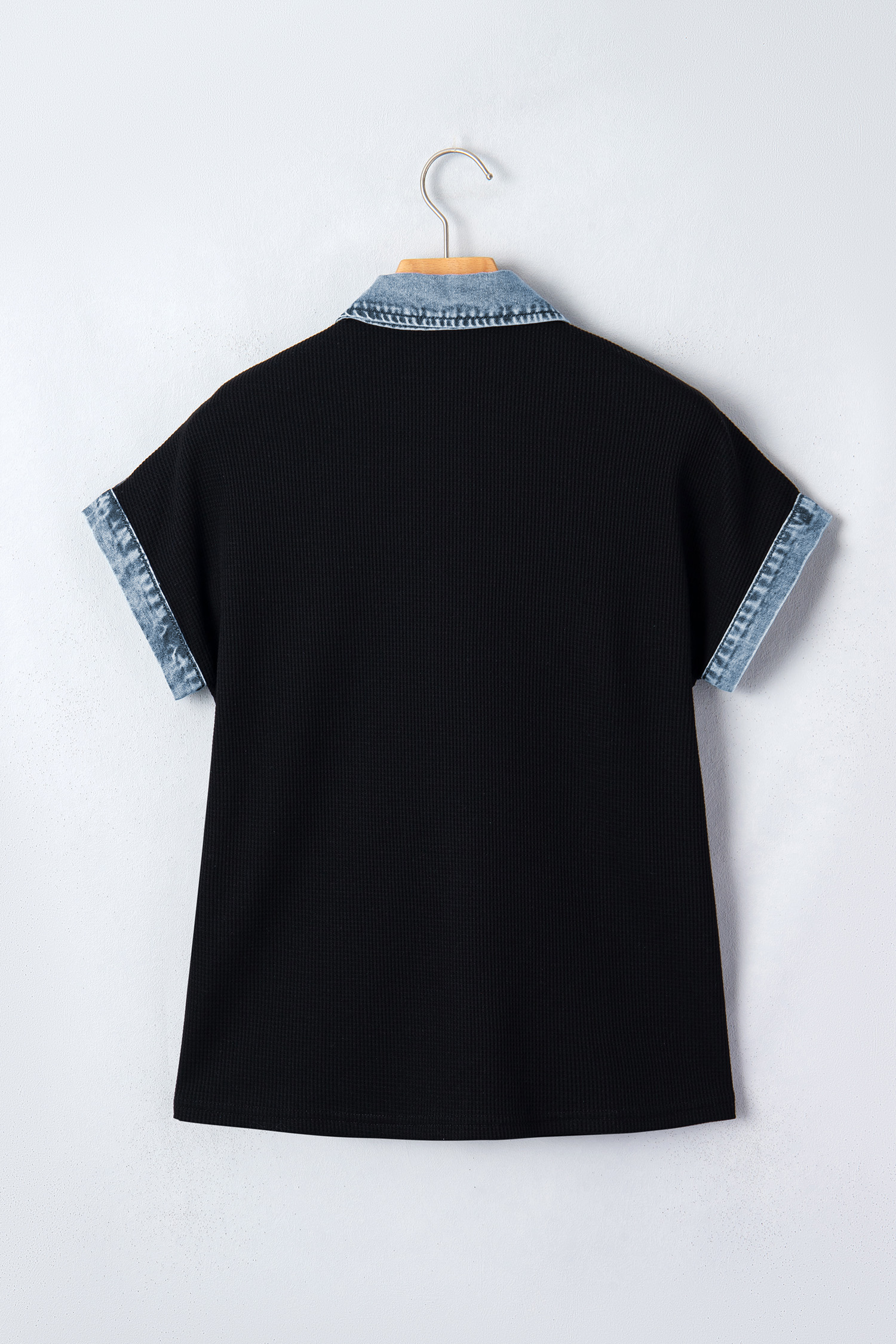 Black Textured Knit Denim Color Block Patchwork Collar Button Down Shirt