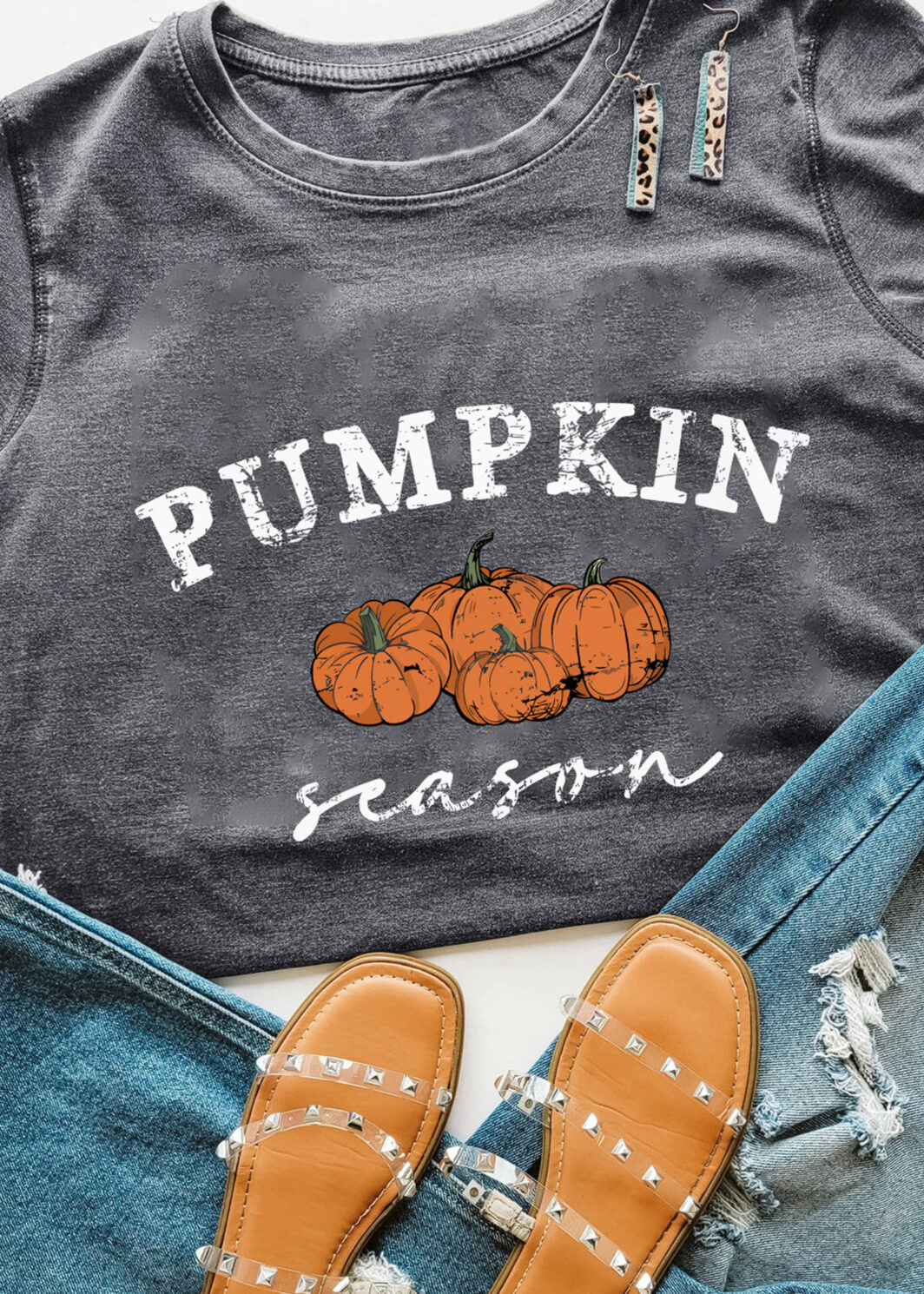 Gray Pumpkin Season Graphic Round Neck Short Sleeve T-Shirt