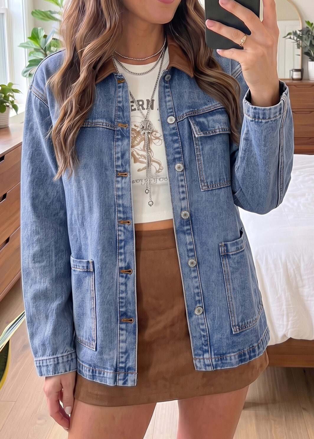 Sky Blue Patchwork Leather Collar Long Sleeve Denim Jacket