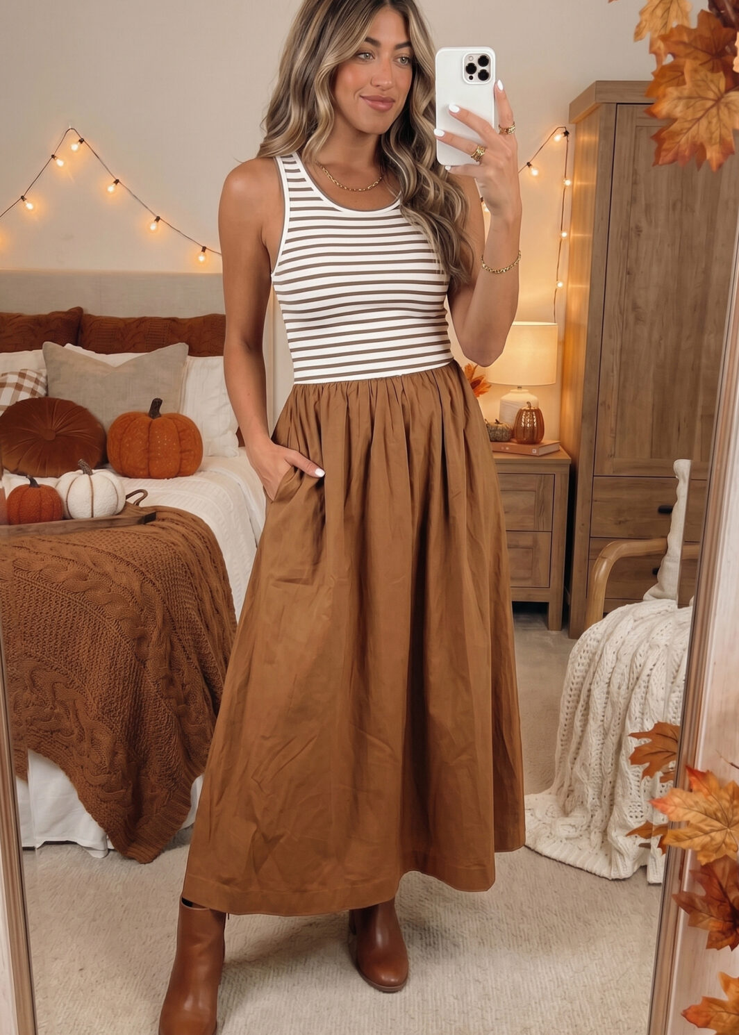 Chestnut Striped Colorblock Patchwork Sleeveless Casual Long Dress