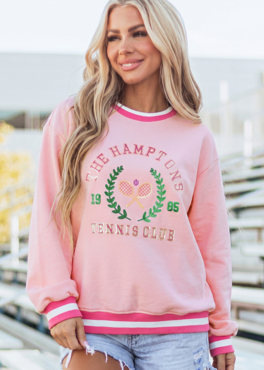 Pink Embroidered Tennis Club Crew Neck Pullover Sweatshirt