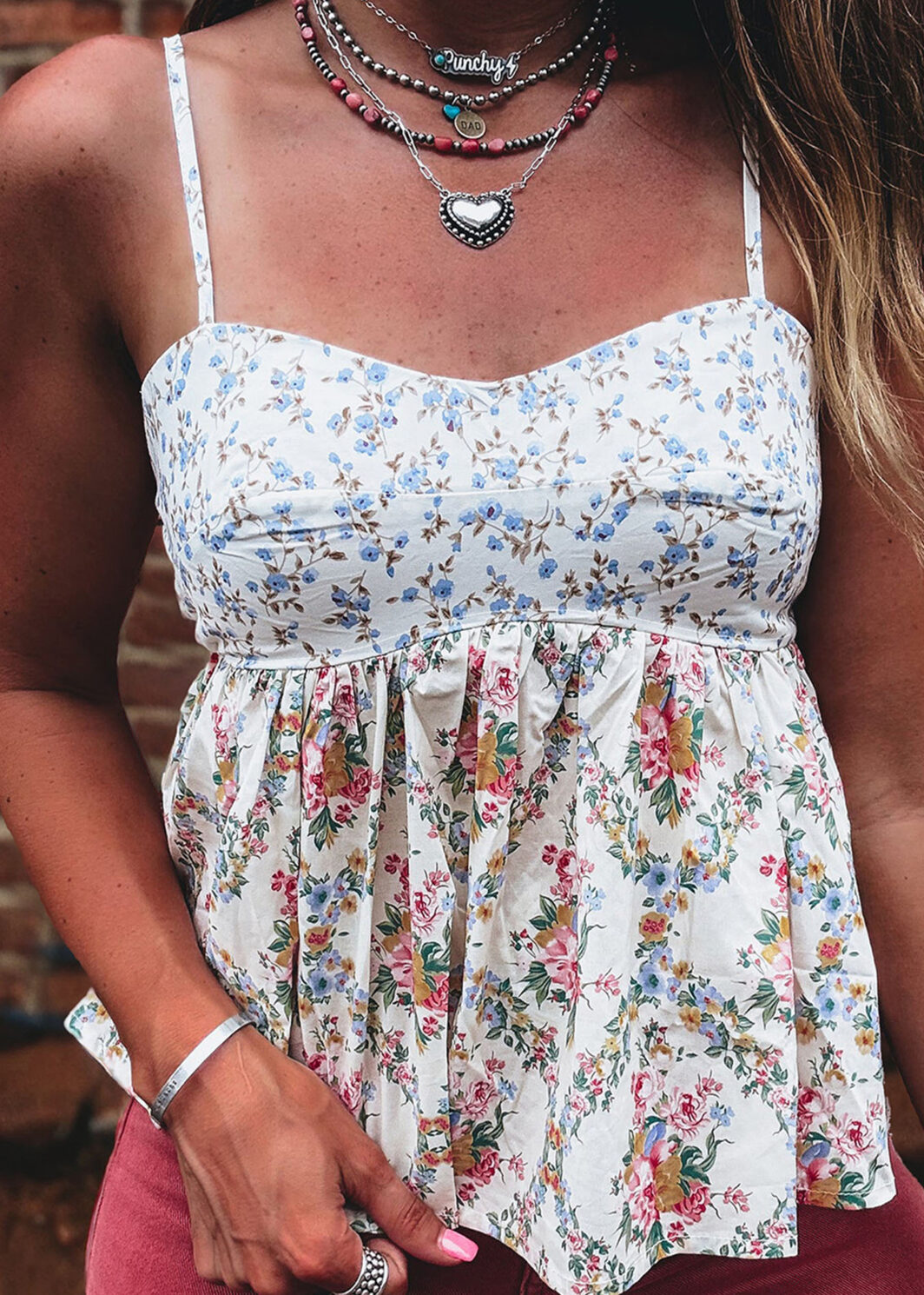 White Contrast Floral Printed Spaghetti Straps Babydoll Top