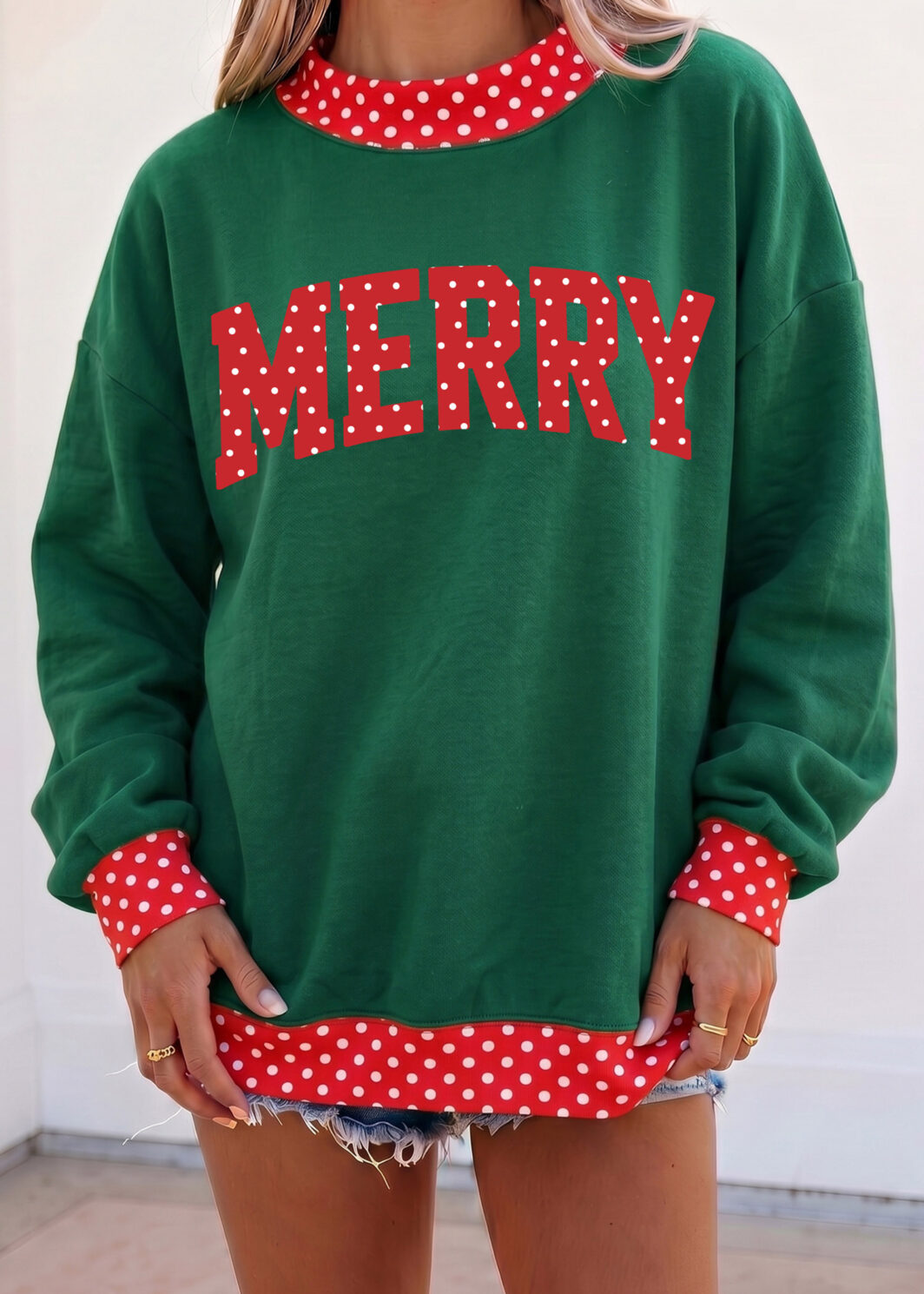 Dark Green Merry Christmas Slogan Polka Dot Contrast Trim Tunic Sweatshirt