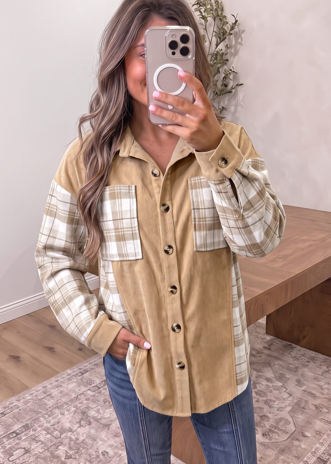 Light French Beige Plaid Colorblock Shirt Collar Shift Shacket