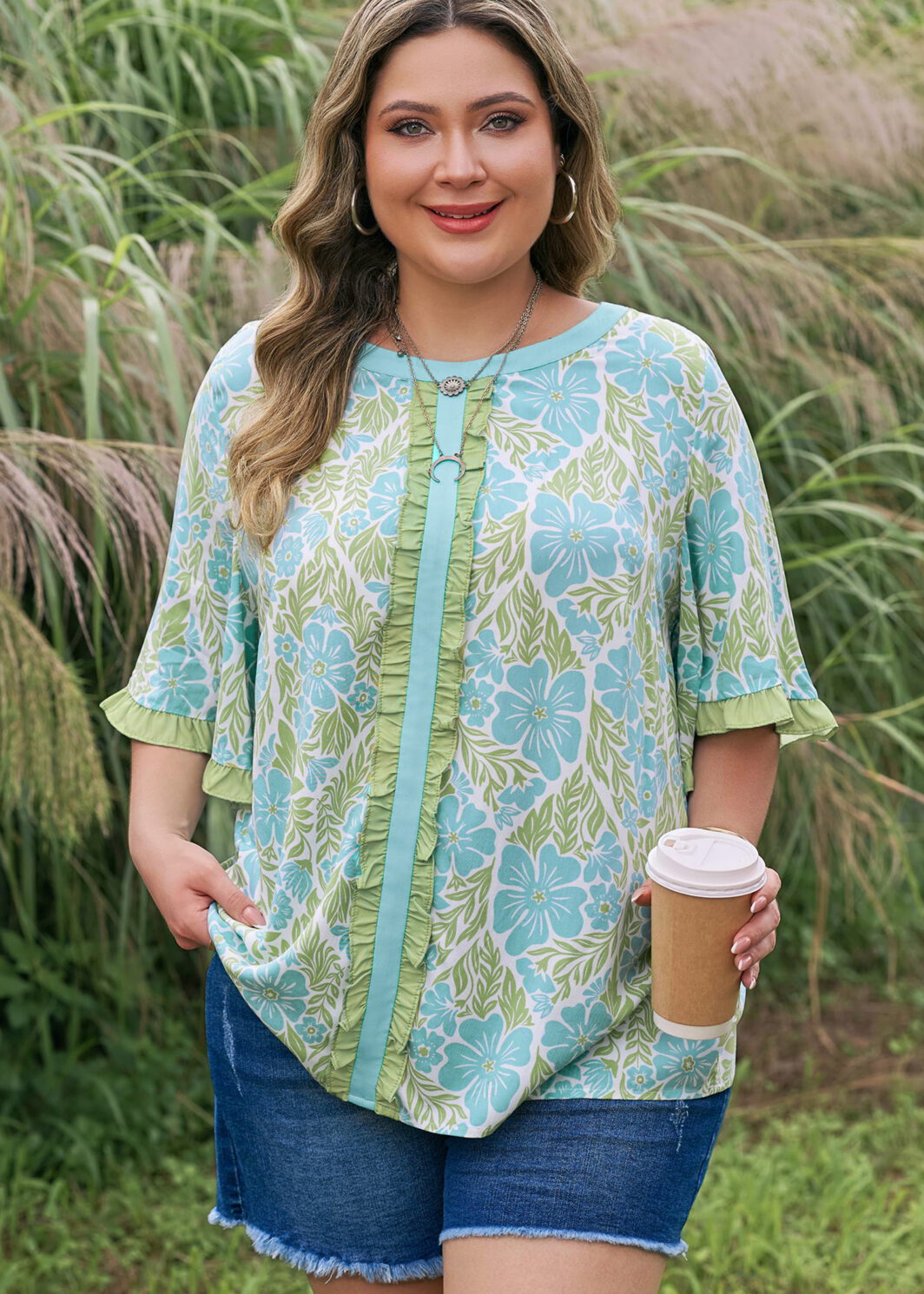 Sky Blue Plus Size Floral Print Frilled Color Block Trim Short Sleeve Blouse