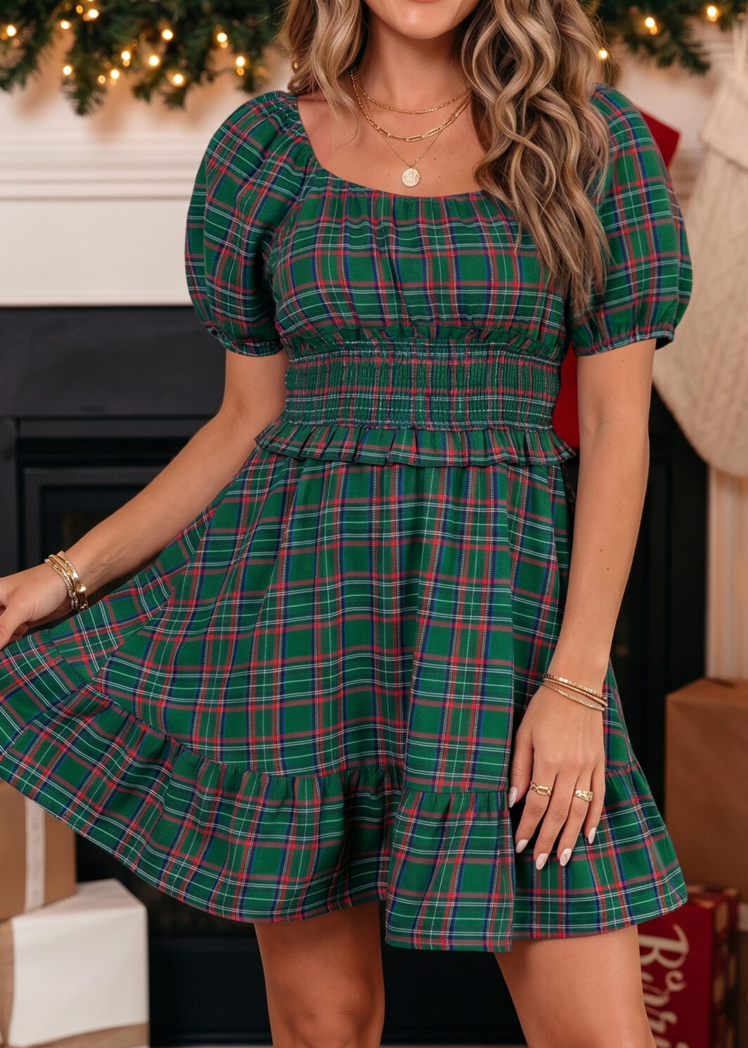 Green Plaid Shirred U Neck Short Sleeve Mini Dress