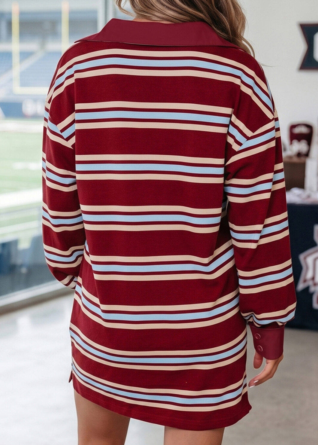 Red Stripe Retro Polo Collar Long Sleeve T Shirt Shift Mini Dress