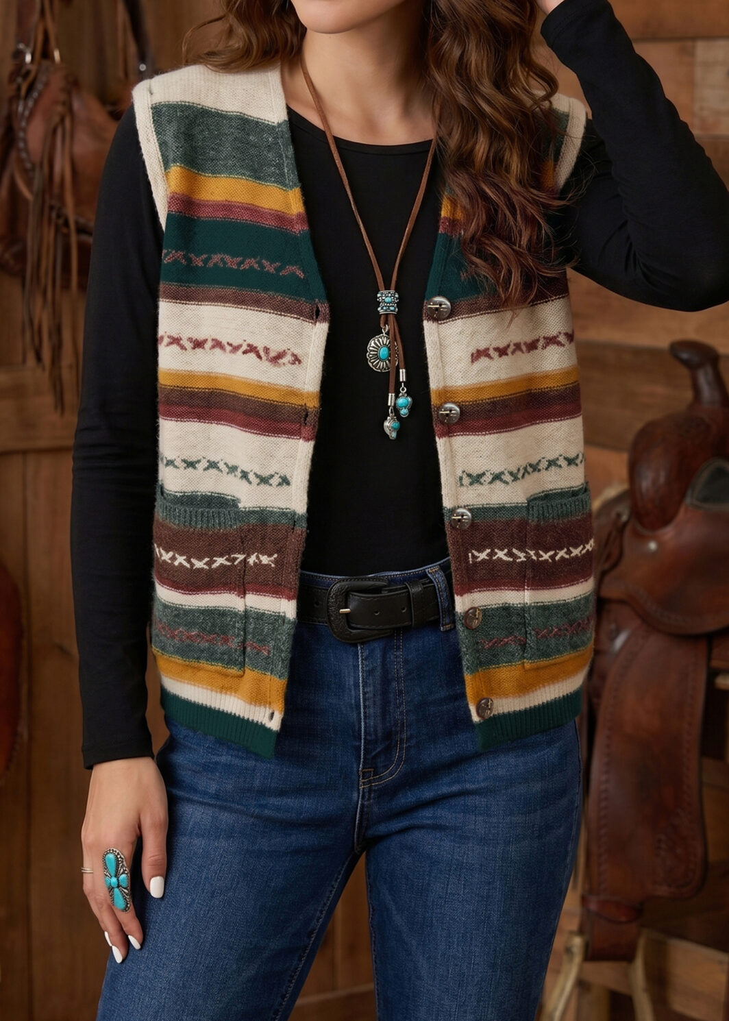 Multicolour Striped Button Front Sleeveless Knit Regular Fit Sweater Vest