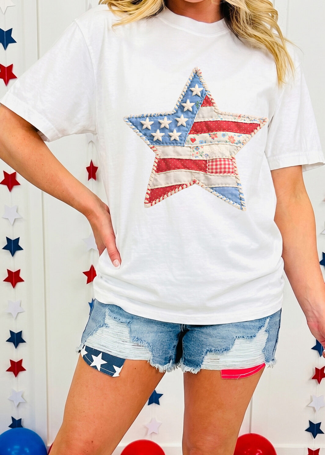 White Faux Patchwork Star Printed Patriotic Graphic Tee