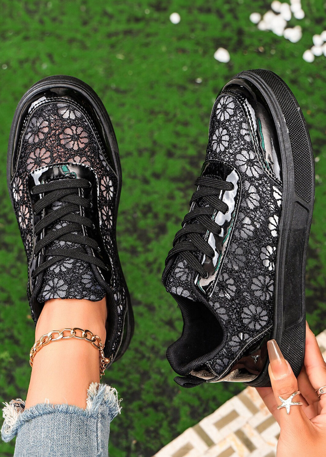 Color black Sheer Floral Lace Slip-On Casual Sneakers