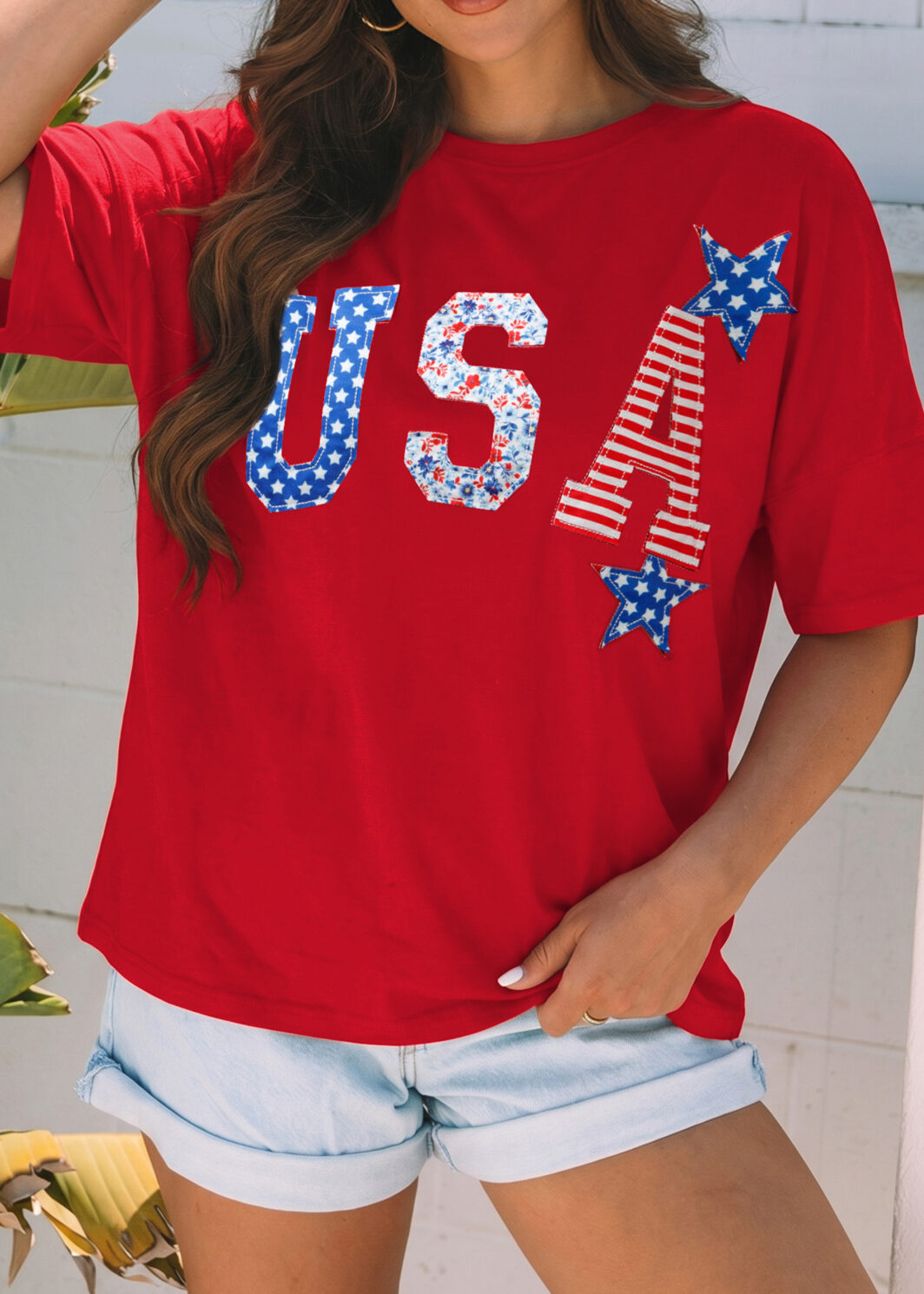 Fiery Red Patriotic USA Slogan Patch Embroidery Short Sleeve T Shirt