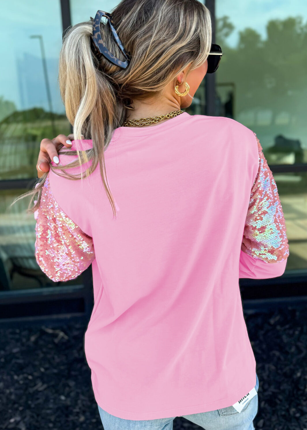 Pink Long Sleeve Sequin Round Neck Pullover Top