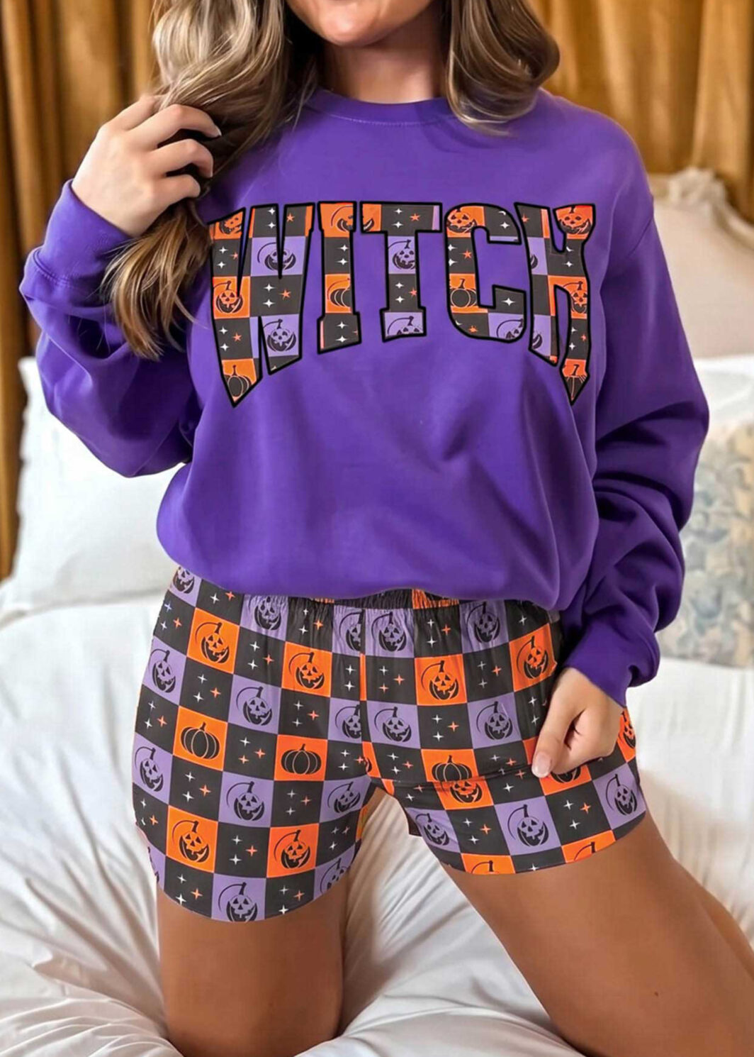 Orange Witch Letter Print Long Sleeve Top Checkered Elastic Waist Shorts Set