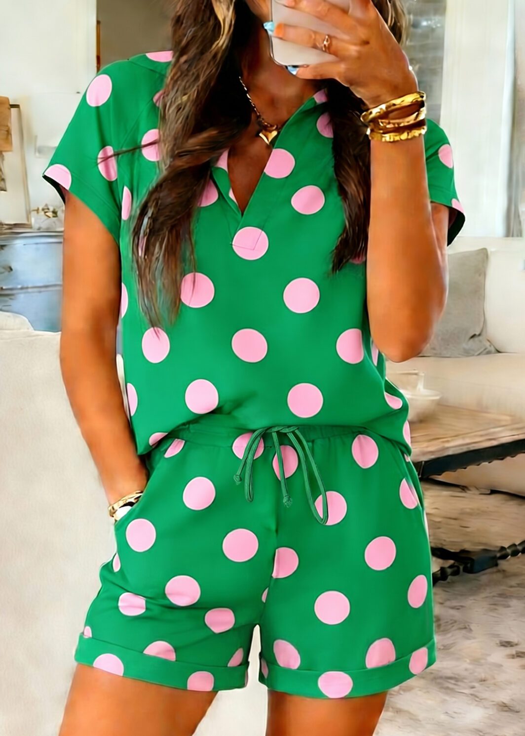 Green Polka Dot Print V Neck Tee Short Set