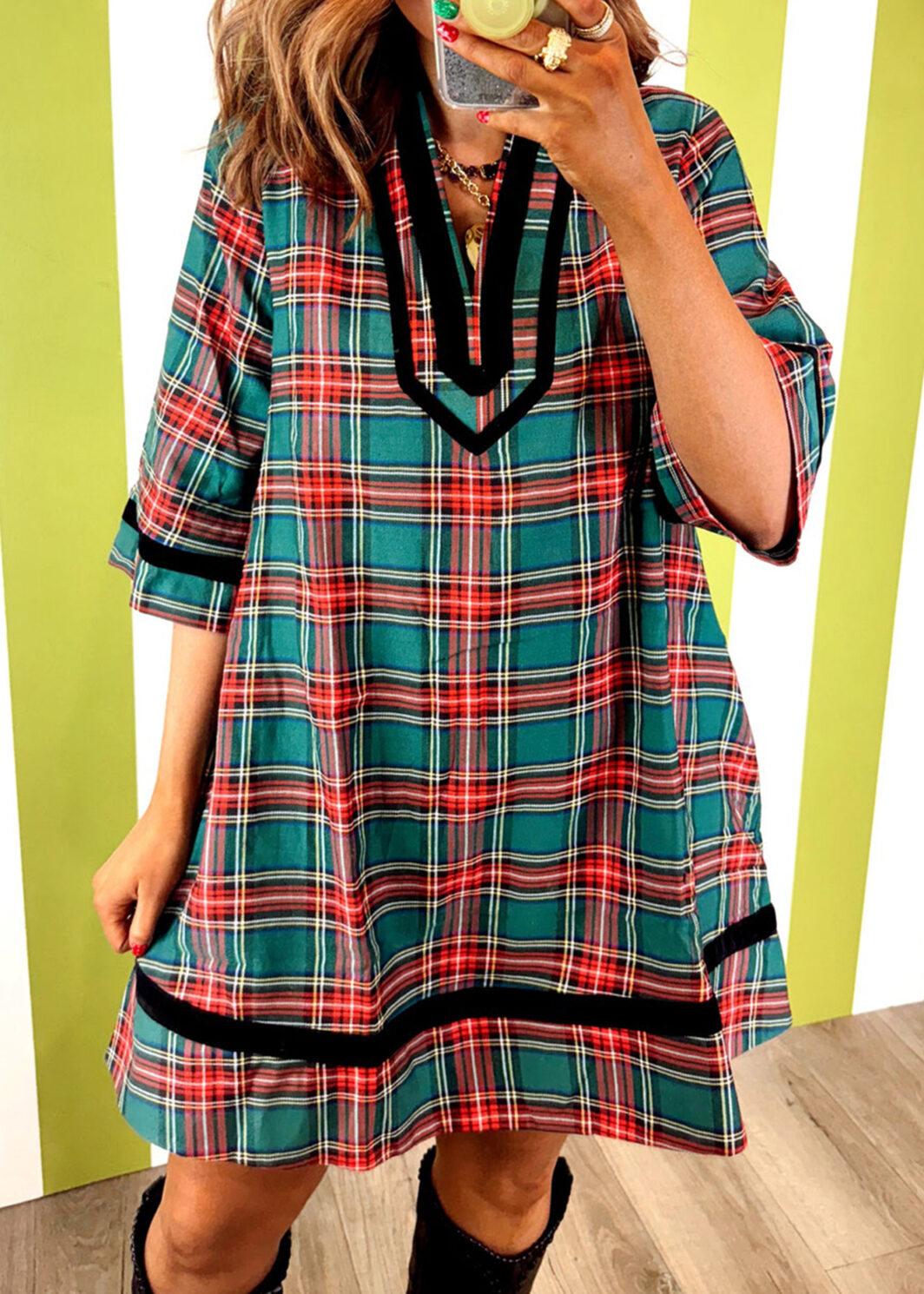 Green Plaid Velvet Trim Pockets Short Shift Dress