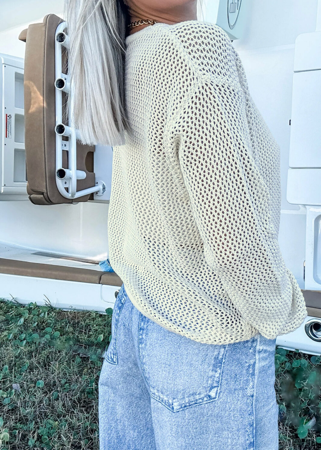 White Open Knit Fish Embroidered Casual Sweater