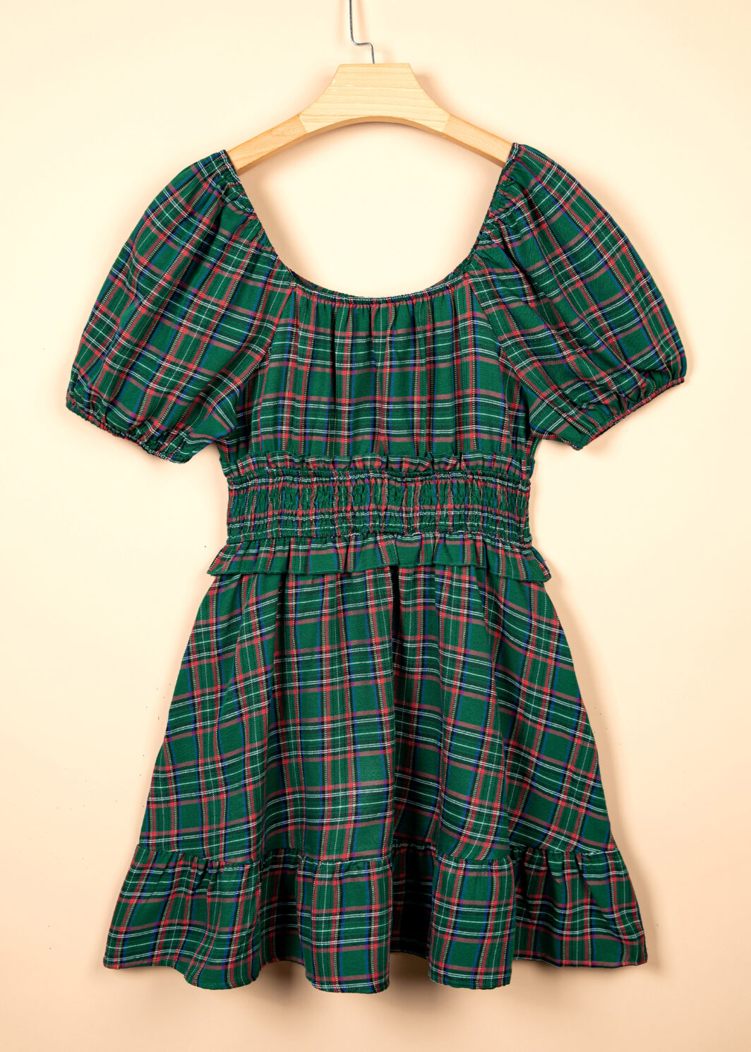 Green Plaid Shirred U Neck Short Sleeve Mini Dress