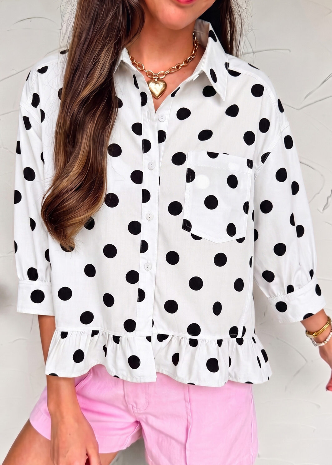 White Polka Dot Print Three Quarter Sleeve Ruffle Hem Casual Shirt
