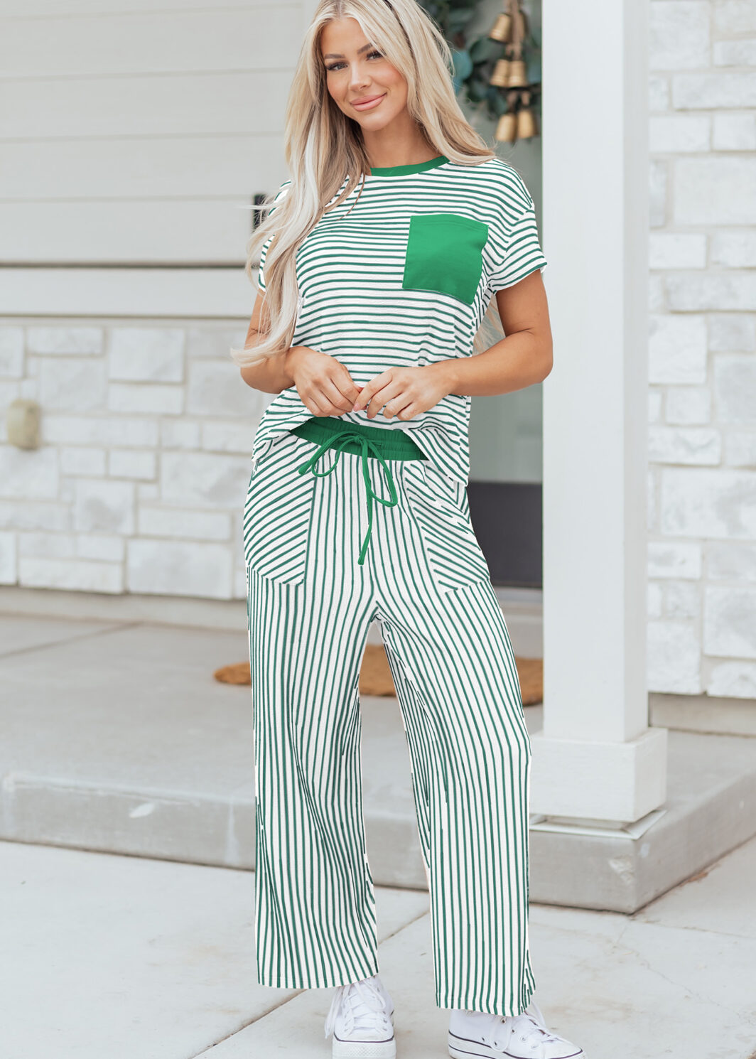 Green Stripe Crew Neck Tee Drawstring Waist Cropped Pants Set