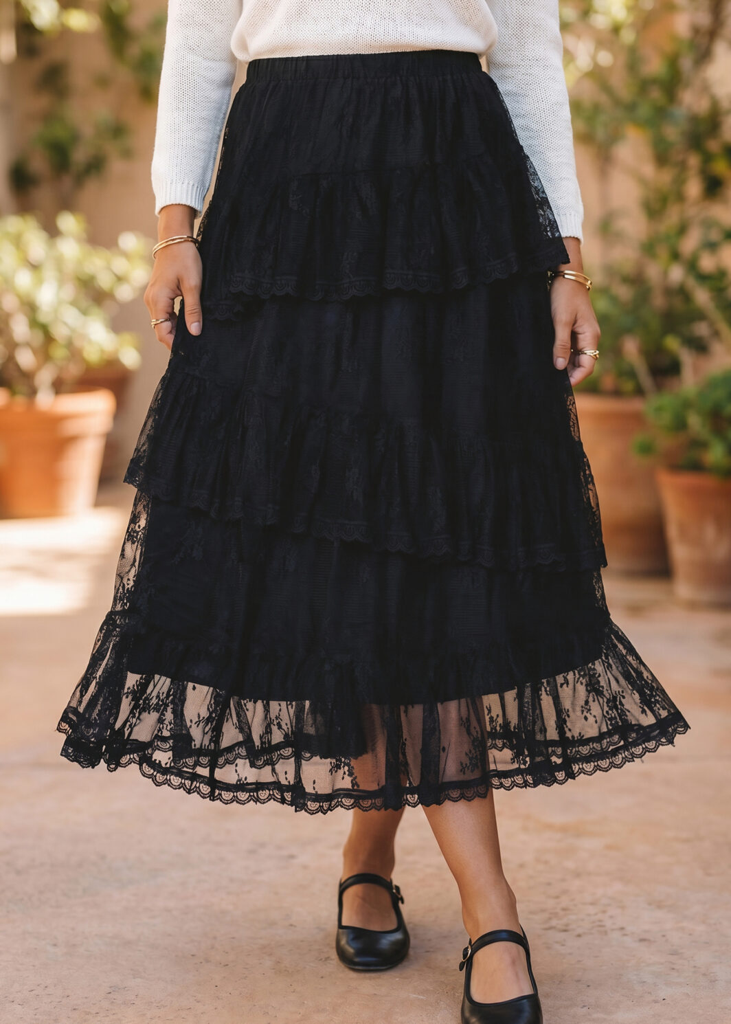 Black Elegant Ruffle Lace Tiered Skirt