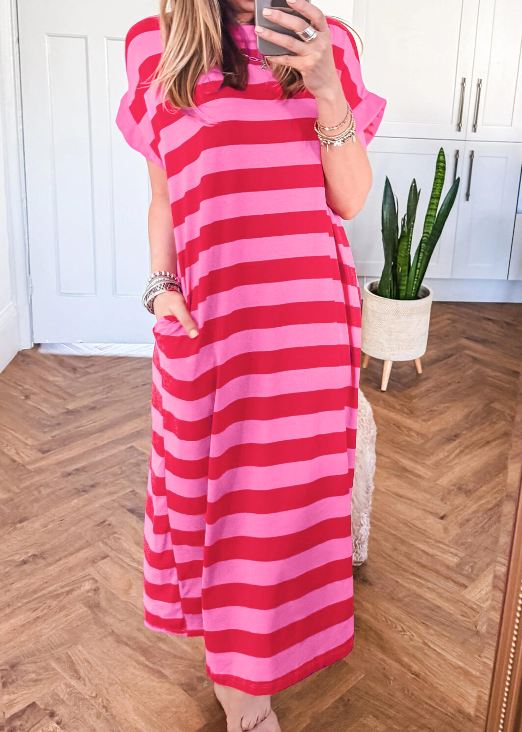 Rose Stripe Cuffed Short Sleeve Pocketed Casual T Shirt Long Dress