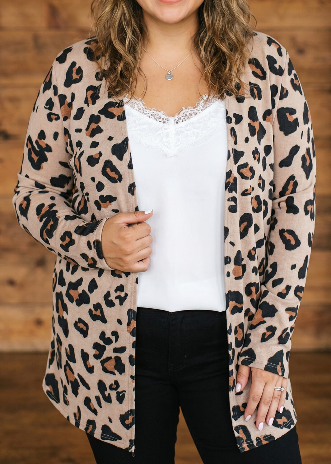 Khaki Leopard Print Long Sleeve V Neck Tunic Plus Size Cardigan