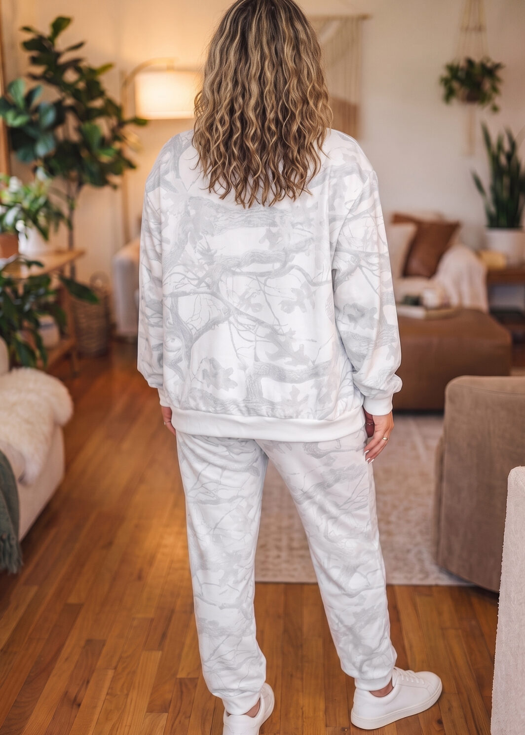 Gray Camouflage Print Stand Neck Long Sleeve Regular Fit Plus Size Set