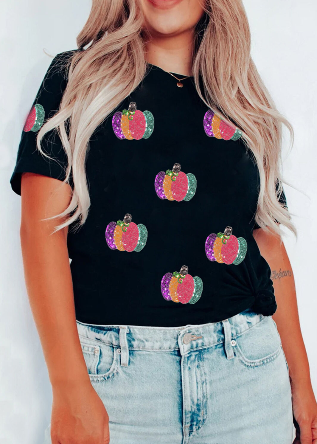 Black Sequined Pumpkin Graphic Round Neck Casual T Shirt