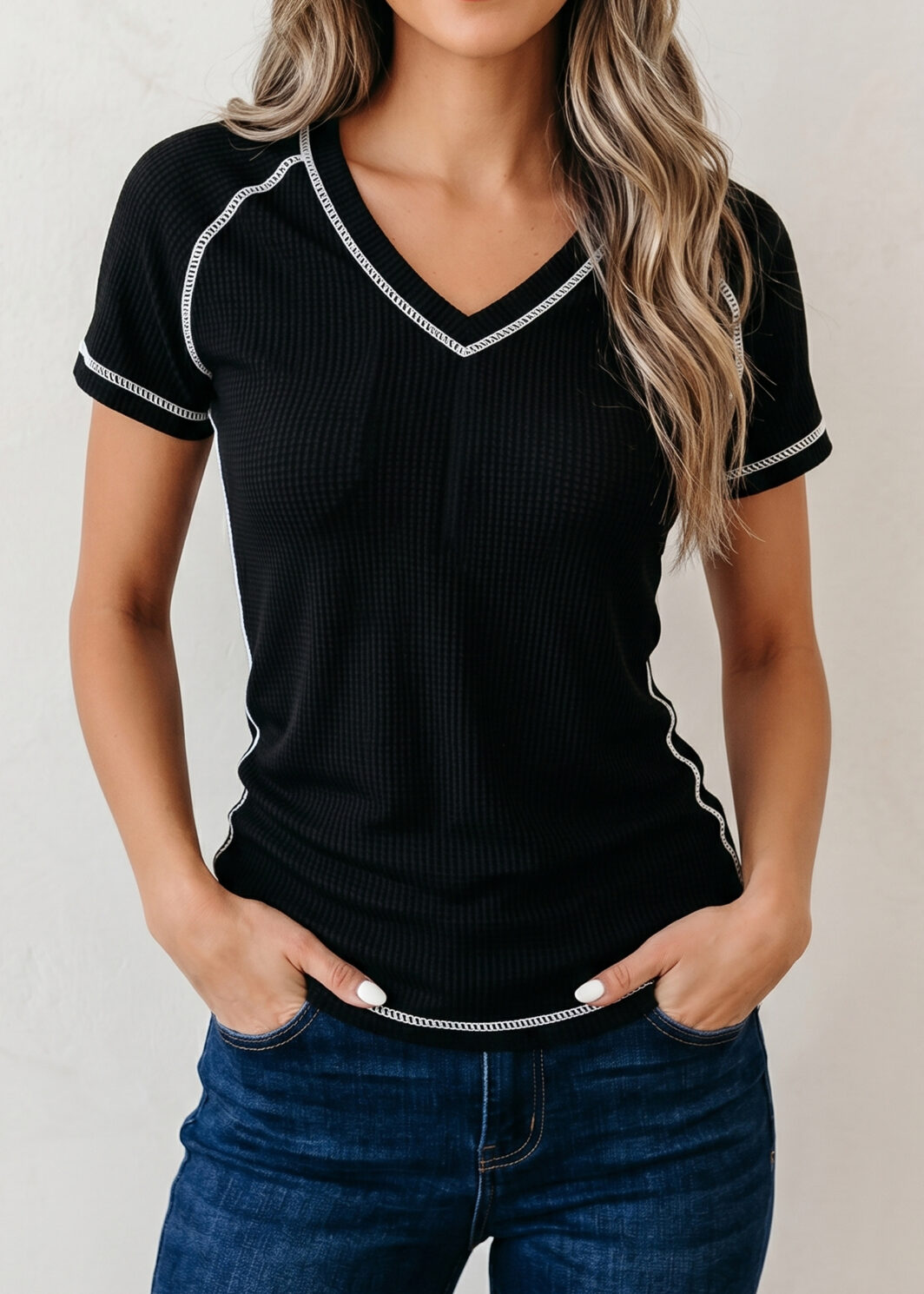 Black Waffle Textured Contrast Trim V Neck Tee