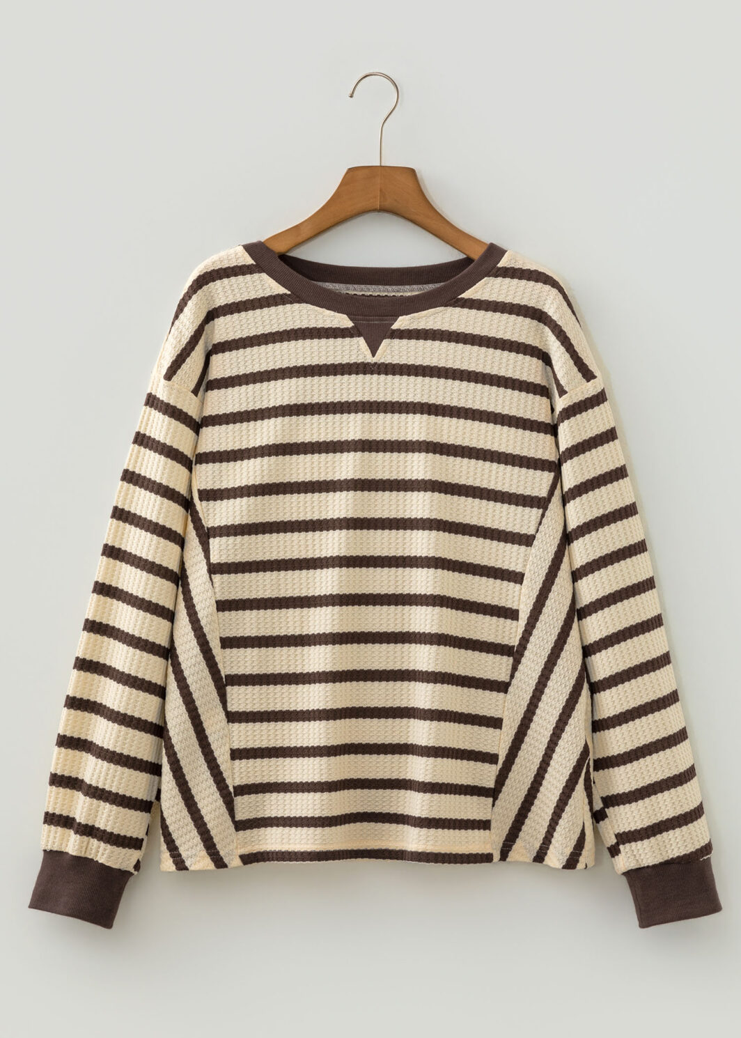 Brown Stripe Patchwork Ribbed Cuff Casual Pullover Sweatshirt