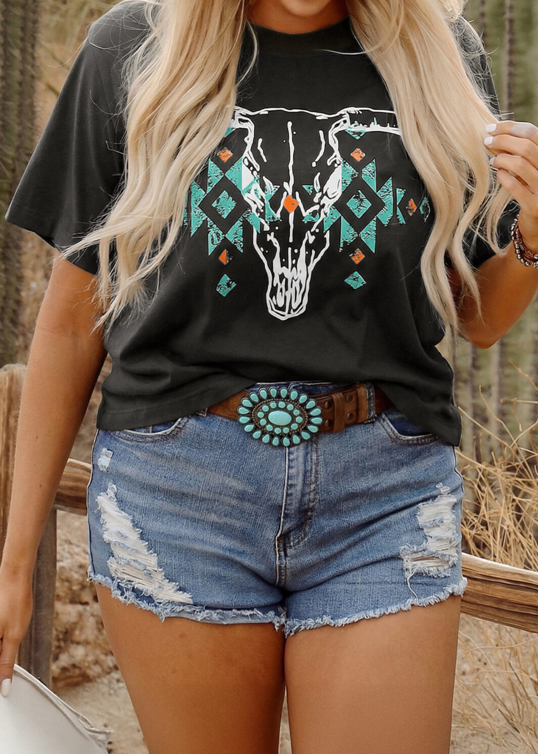 Carbon Grey Plus Size Western Aztec Bull Skull Printed T Shirt