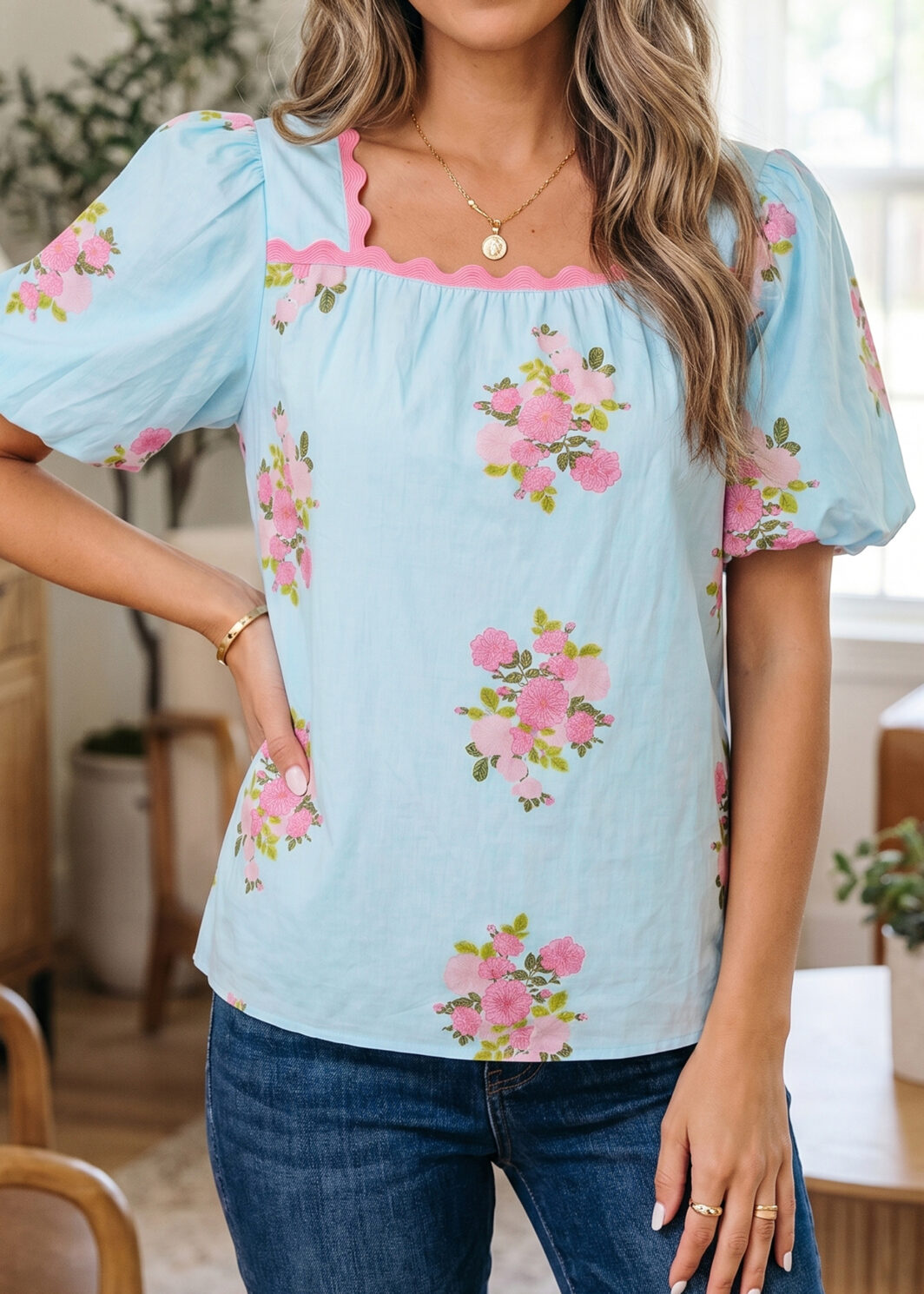 Sky Blue Floral Printed Contrast Ricrac Detail Bubble Sleeve Blouse