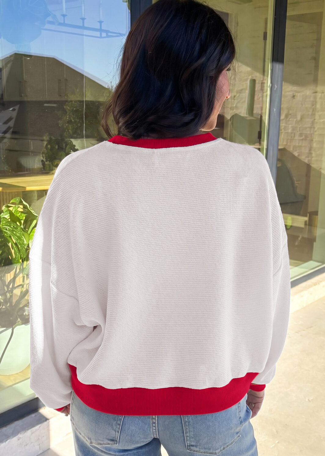Beige Color Block Trim Merry Slogan Pullover Sweatshirt