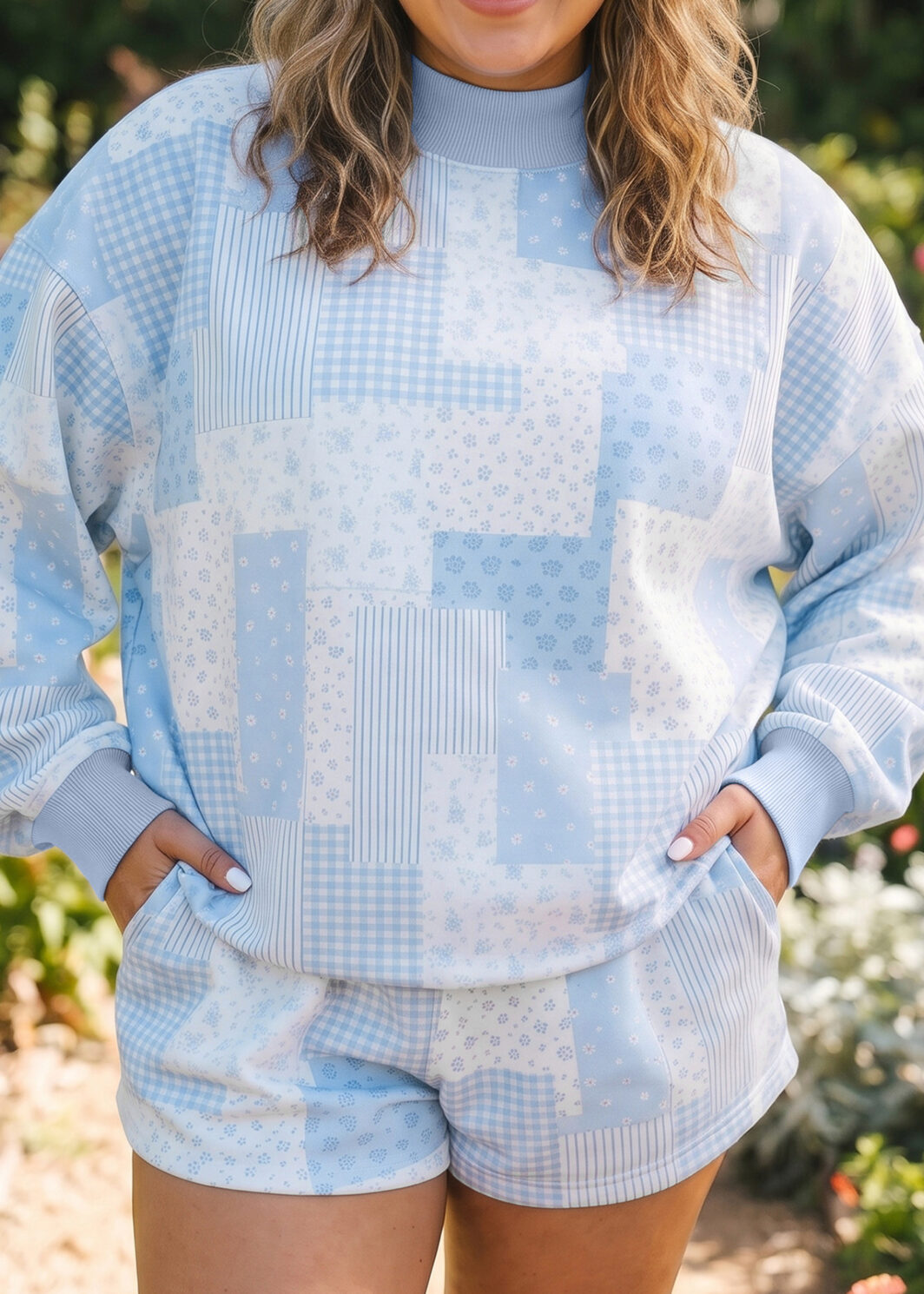 Sky Blue Patchwork Floral Print Stand Neck Long Sleeve Two-piece Outfit Plus Size Set