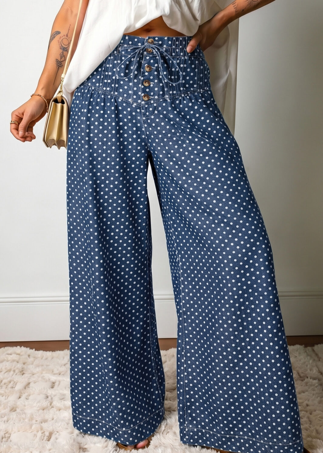 Sky Blue Polka Dot Print Button Pleated Detail Wide Leg Jeans