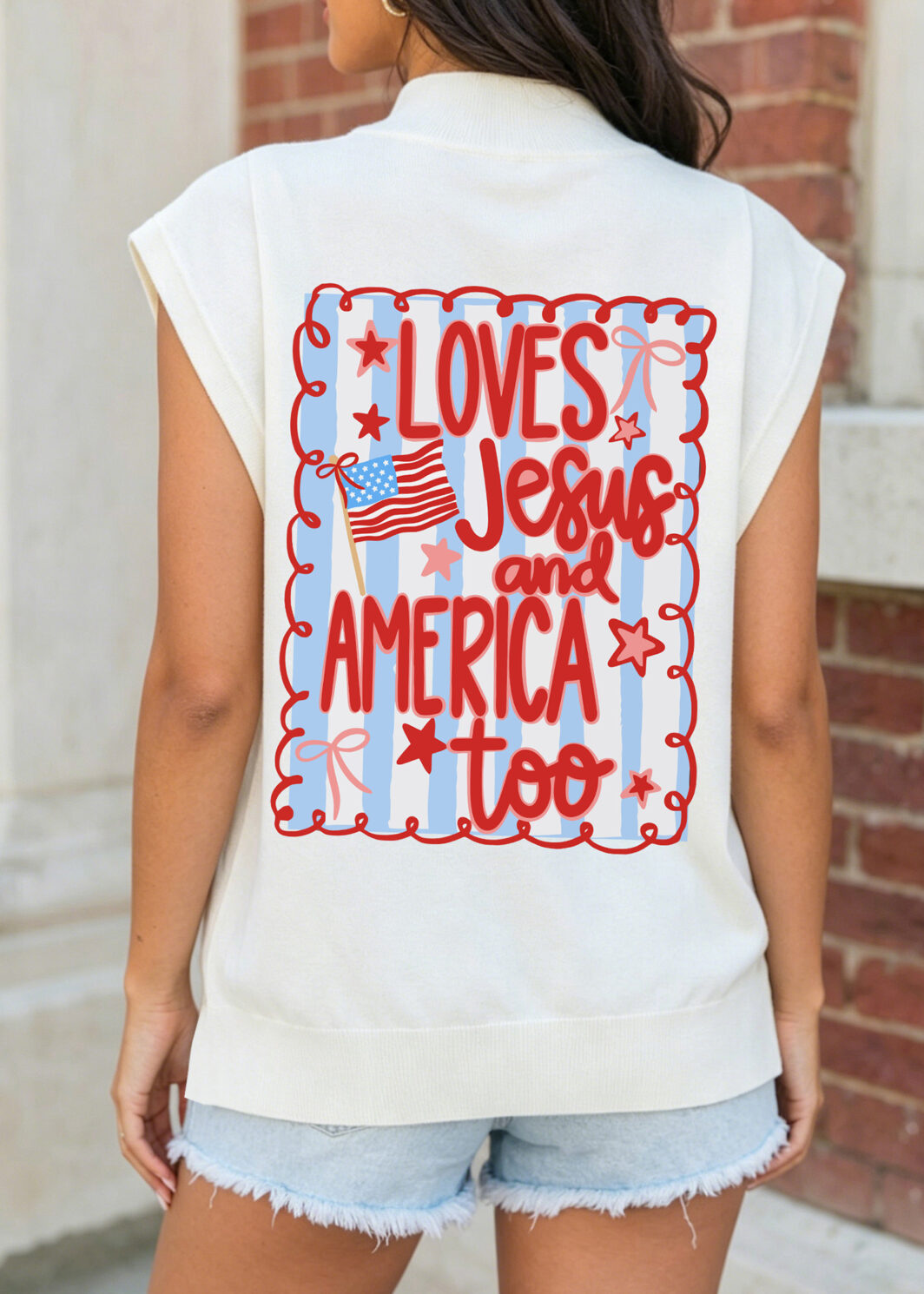 White Patriotic Flag Double Printed Mock Neck Tee