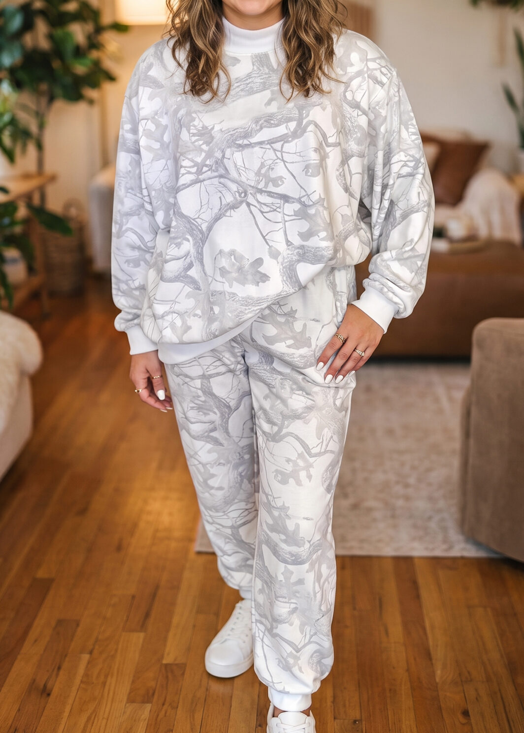 Gray Camouflage Print Stand Neck Long Sleeve Regular Fit Plus Size Set