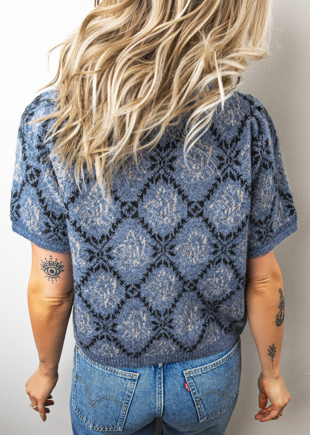 Dark Blue Short Sleeve Button Front Boho Knit Top Cardigan
