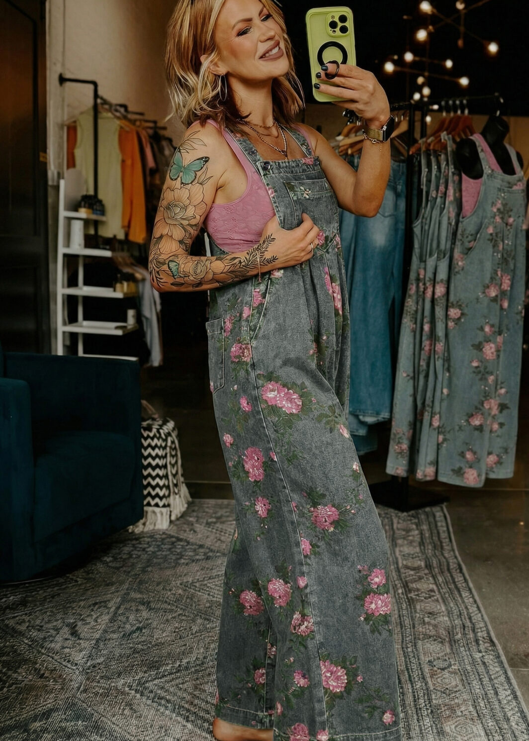 Gray Beau Floral Print Pleated High Waist Wide Leg Denim Jumpsuit