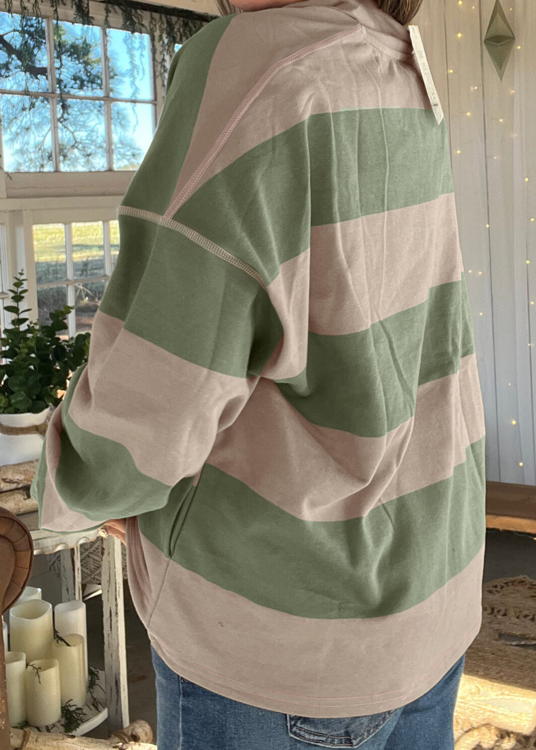 Green Striped Colorblock Zipper Pullover Long Sleeve Loose Top