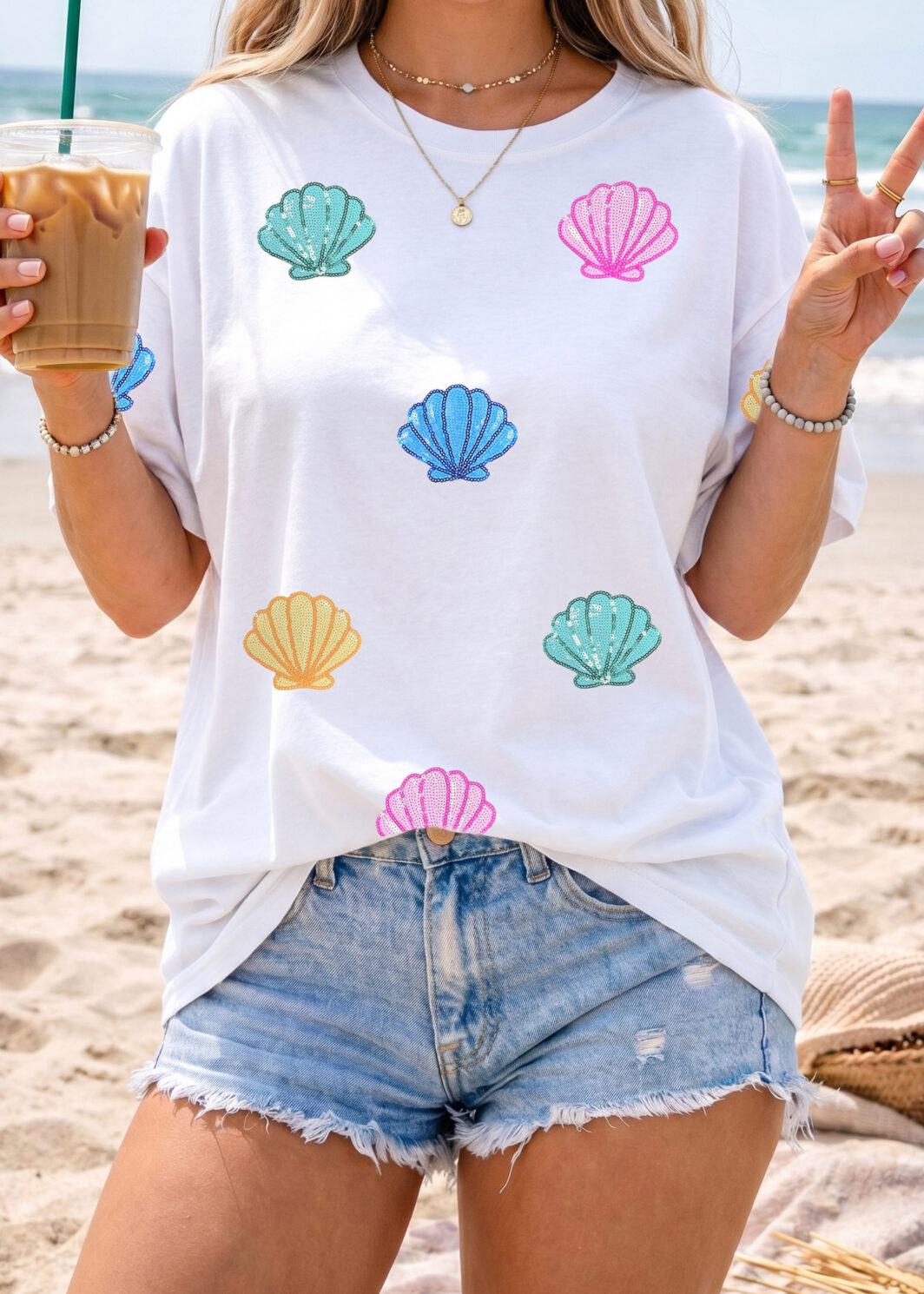 White Sequin Shell Graphic Summer Loose T Shirt