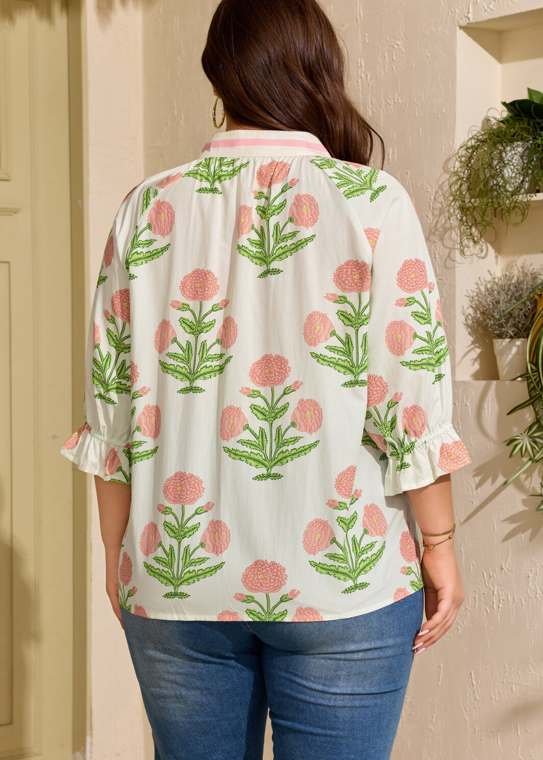 Pink Plus Size Floral Print Striped Trim V Neck Blouse
