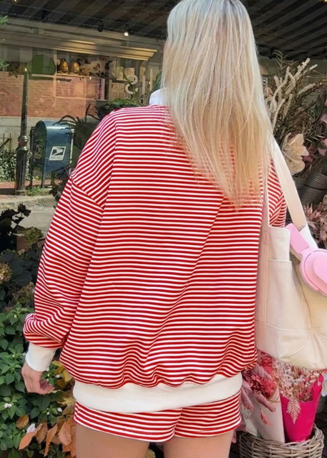 Red Stripe Oversize Mock Neck Sweatshirt and Shorts Set