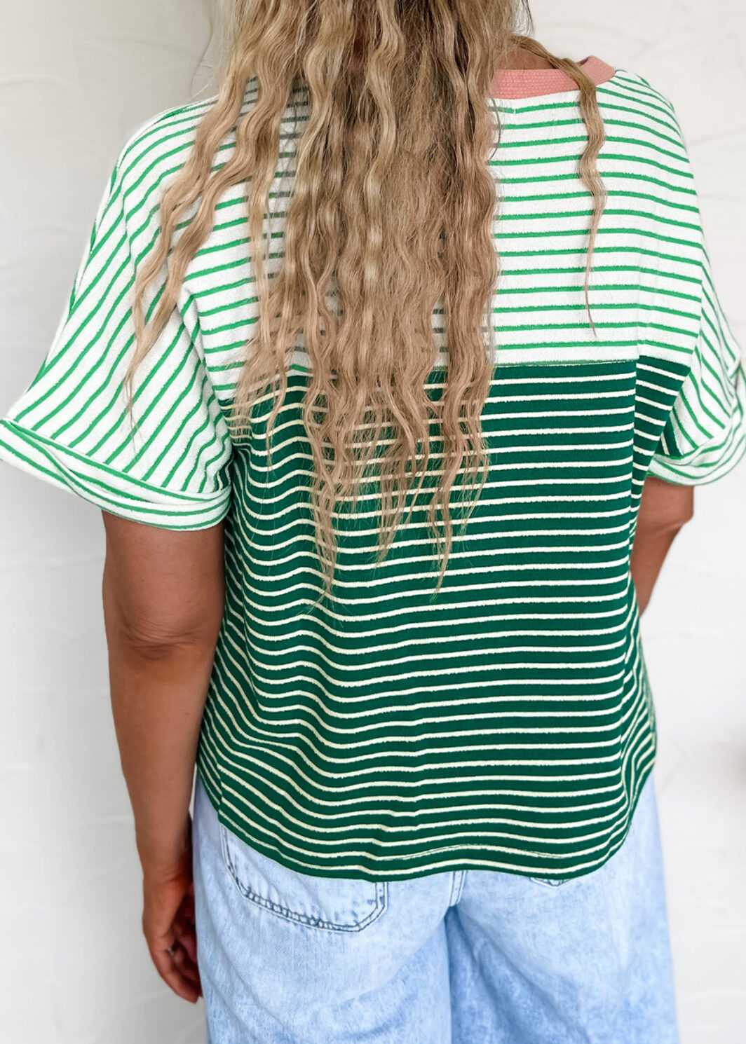 Green Stripe Contrast Print Color Block Detail Relaxed Tee