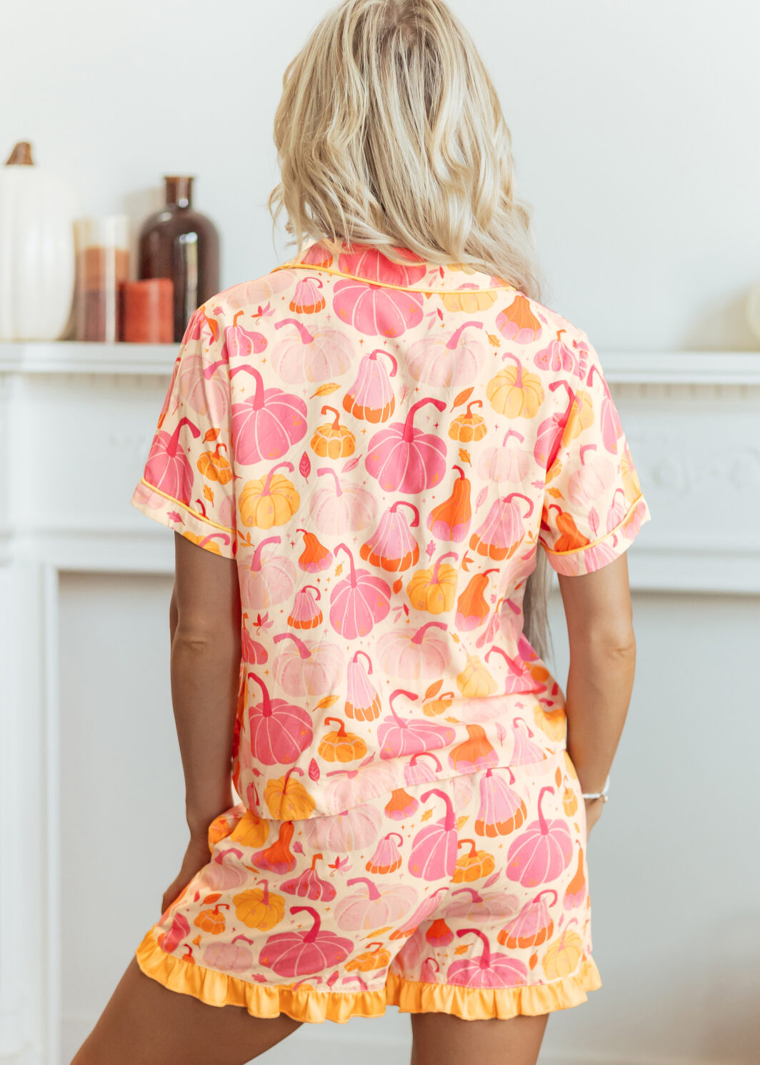 Pink Short Sleeve Pumpkin Print Pocket Placket Shell Button Lounge Set